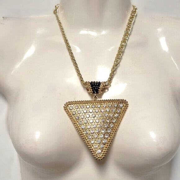 Gold and Crystal Triangular Pendant Bib Choker Necklace - Picture 1 of 13